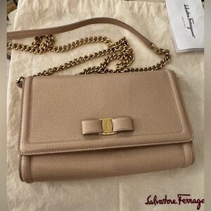 Salvatore Ferragamo Tan Leather Crossbody Bag - Gold & leather removable chain